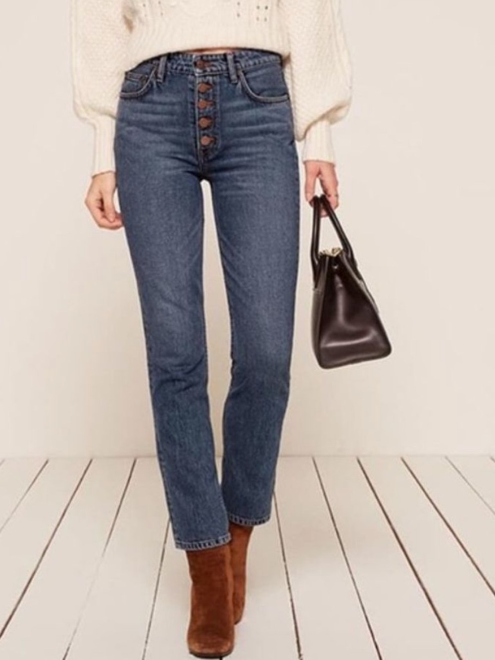 Reformation Mid Rise Button Fly Jeans in Baltic Size 25